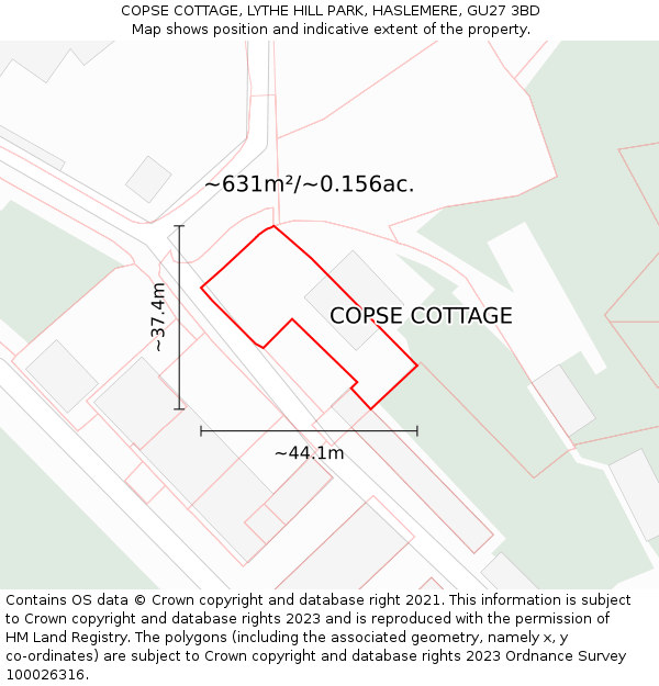 COPSE COTTAGE, LYTHE HILL PARK, HASLEMERE, GU27 3BD: Plot and title map