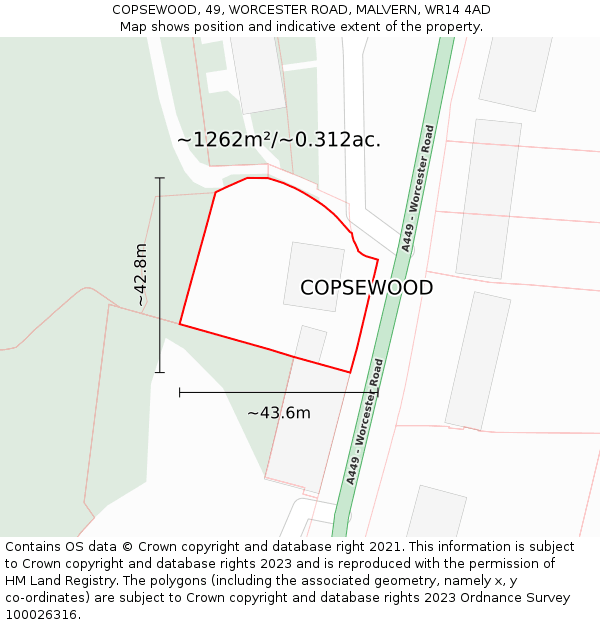 COPSEWOOD, 49, WORCESTER ROAD, MALVERN, WR14 4AD: Plot and title map