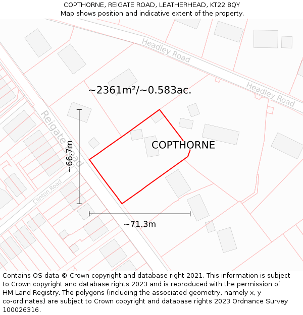 COPTHORNE, REIGATE ROAD, LEATHERHEAD, KT22 8QY: Plot and title map