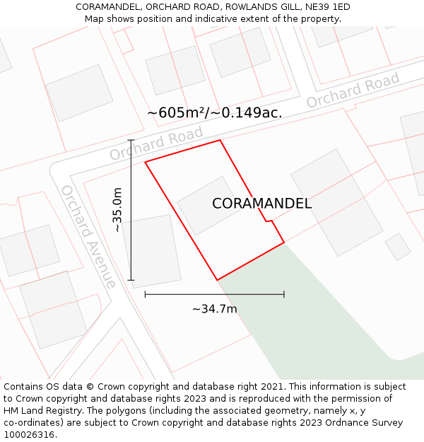 CORAMANDEL, ORCHARD ROAD, ROWLANDS GILL, NE39 1ED: Plot and title map