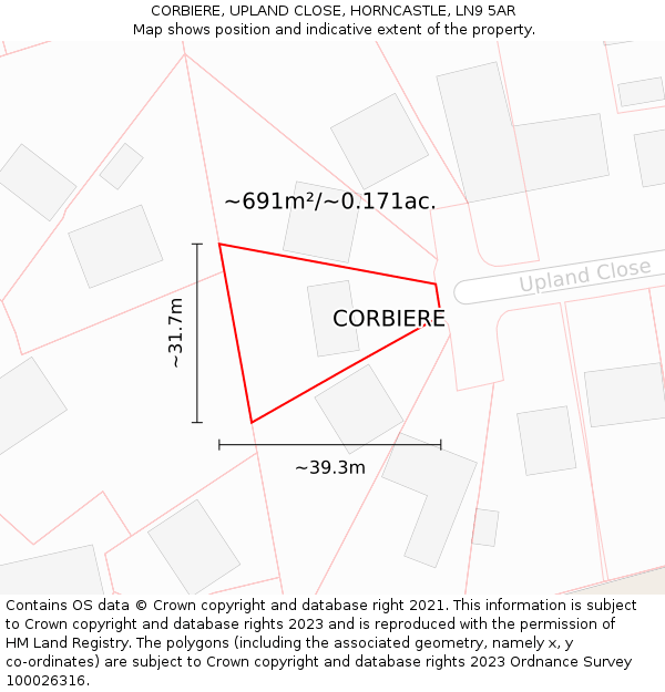 CORBIERE, UPLAND CLOSE, HORNCASTLE, LN9 5AR: Plot and title map