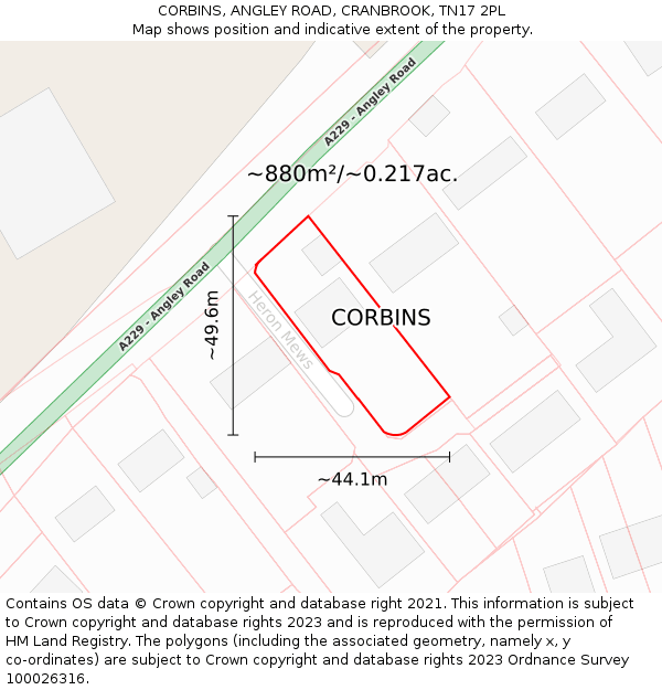 CORBINS, ANGLEY ROAD, CRANBROOK, TN17 2PL: Plot and title map