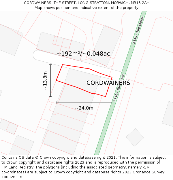 CORDWAINERS, THE STREET, LONG STRATTON, NORWICH, NR15 2AH: Plot and title map