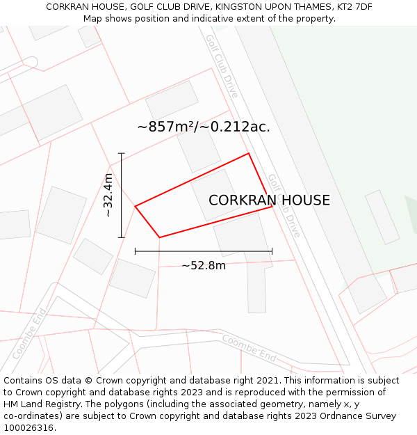 CORKRAN HOUSE, GOLF CLUB DRIVE, KINGSTON UPON THAMES, KT2 7DF: Plot and title map