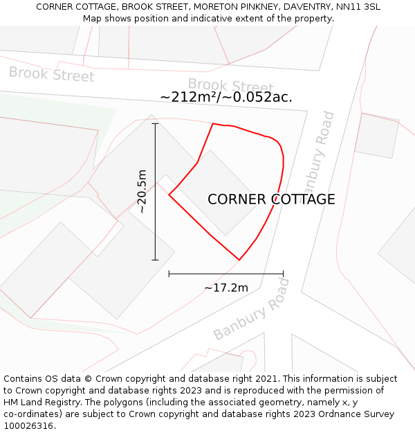CORNER COTTAGE, BROOK STREET, MORETON PINKNEY, DAVENTRY, NN11 3SL: Plot and title map