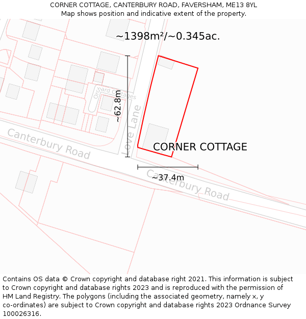 CORNER COTTAGE, CANTERBURY ROAD, FAVERSHAM, ME13 8YL: Plot and title map