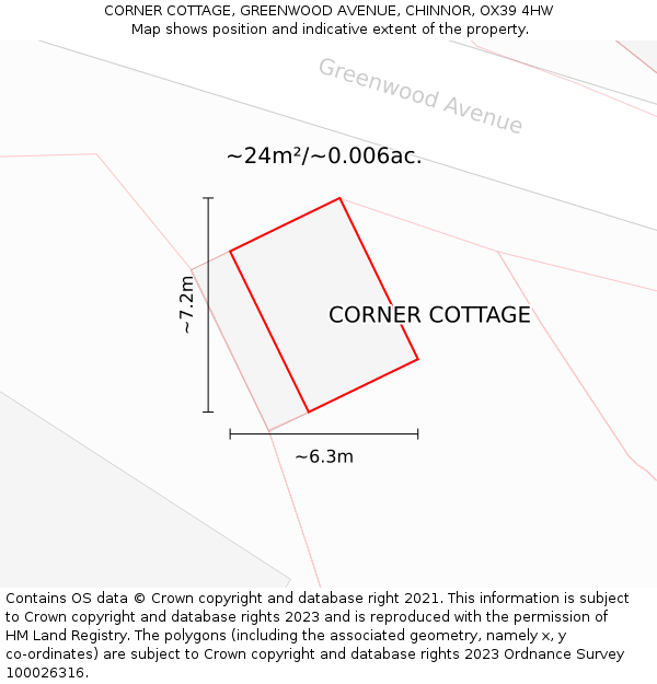 CORNER COTTAGE, GREENWOOD AVENUE, CHINNOR, OX39 4HW: Plot and title map