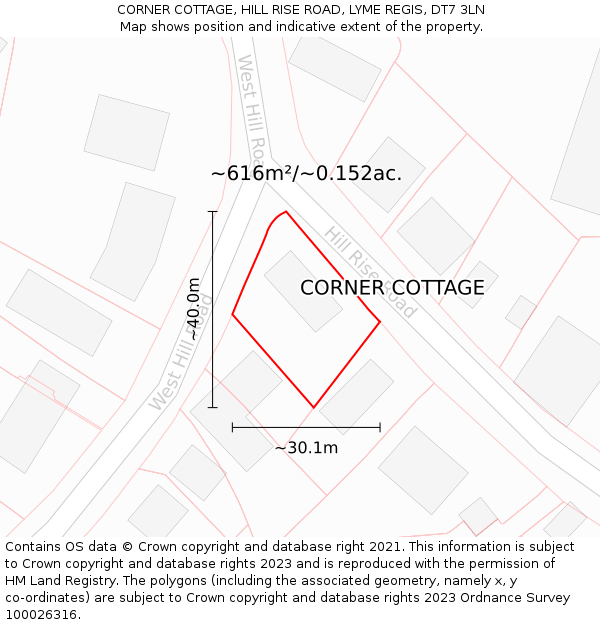 CORNER COTTAGE, HILL RISE ROAD, LYME REGIS, DT7 3LN: Plot and title map