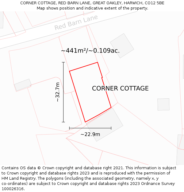 CORNER COTTAGE, RED BARN LANE, GREAT OAKLEY, HARWICH, CO12 5BE: Plot and title map