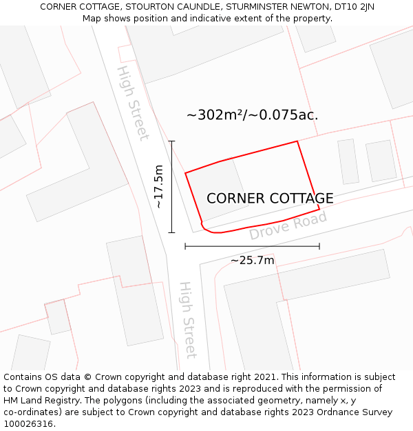 CORNER COTTAGE, STOURTON CAUNDLE, STURMINSTER NEWTON, DT10 2JN: Plot and title map