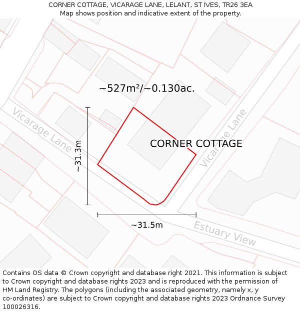 CORNER COTTAGE, VICARAGE LANE, LELANT, ST IVES, TR26 3EA: Plot and title map