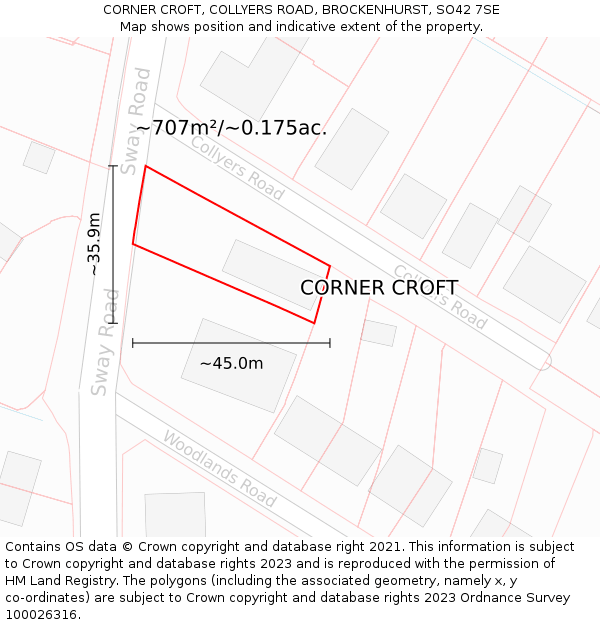 CORNER CROFT, COLLYERS ROAD, BROCKENHURST, SO42 7SE: Plot and title map