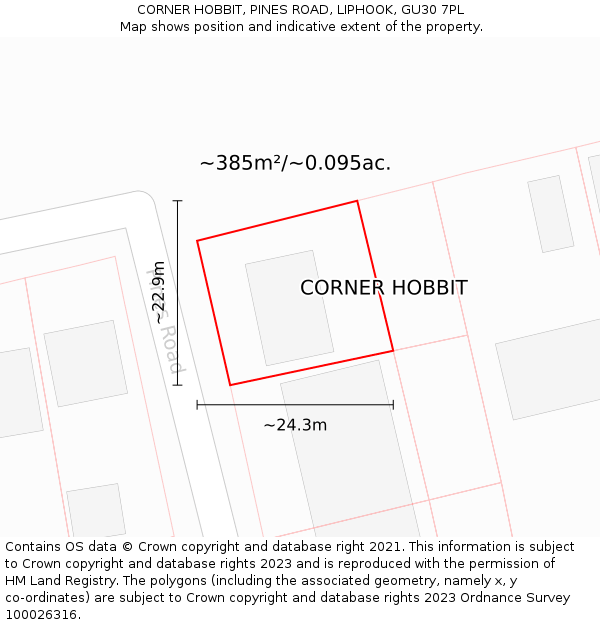 CORNER HOBBIT, PINES ROAD, LIPHOOK, GU30 7PL: Plot and title map