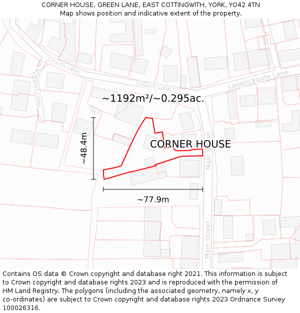 CORNER HOUSE, GREEN LANE, EAST COTTINGWITH, YORK, YO42 4TN: Plot and title map