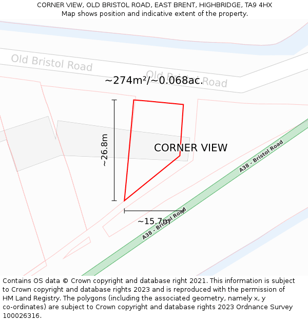 CORNER VIEW, OLD BRISTOL ROAD, EAST BRENT, HIGHBRIDGE, TA9 4HX: Plot and title map