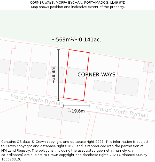 CORNER WAYS, MORFA BYCHAN, PORTHMADOG, LL49 9YD: Plot and title map