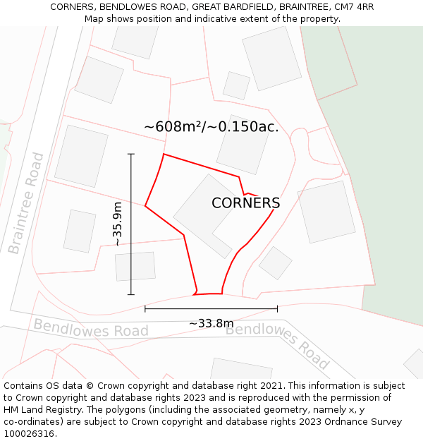 CORNERS, BENDLOWES ROAD, GREAT BARDFIELD, BRAINTREE, CM7 4RR: Plot and title map