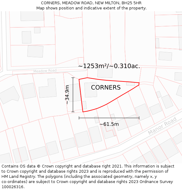 CORNERS, MEADOW ROAD, NEW MILTON, BH25 5HR: Plot and title map