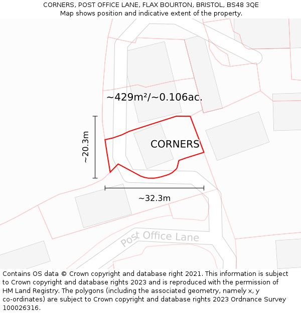 CORNERS, POST OFFICE LANE, FLAX BOURTON, BRISTOL, BS48 3QE: Plot and title map