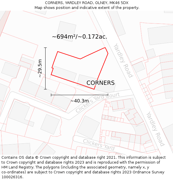 CORNERS, YARDLEY ROAD, OLNEY, MK46 5DX: Plot and title map