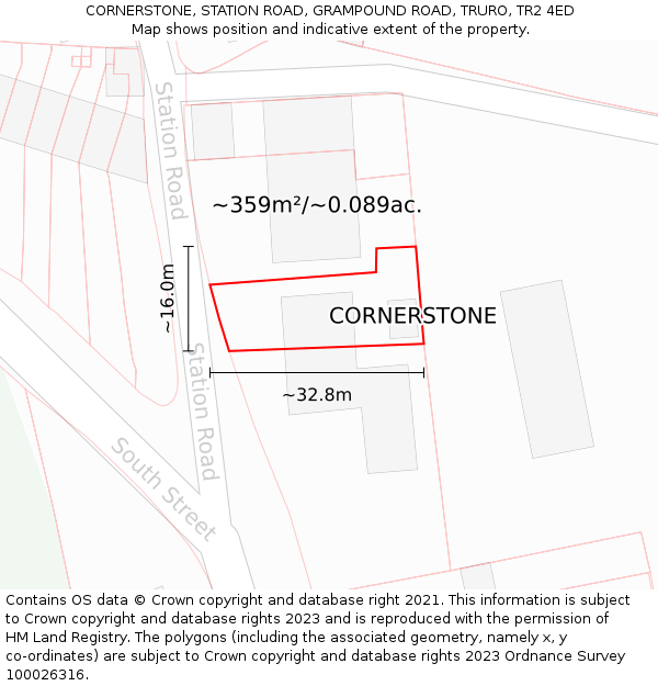 CORNERSTONE, STATION ROAD, GRAMPOUND ROAD, TRURO, TR2 4ED: Plot and title map