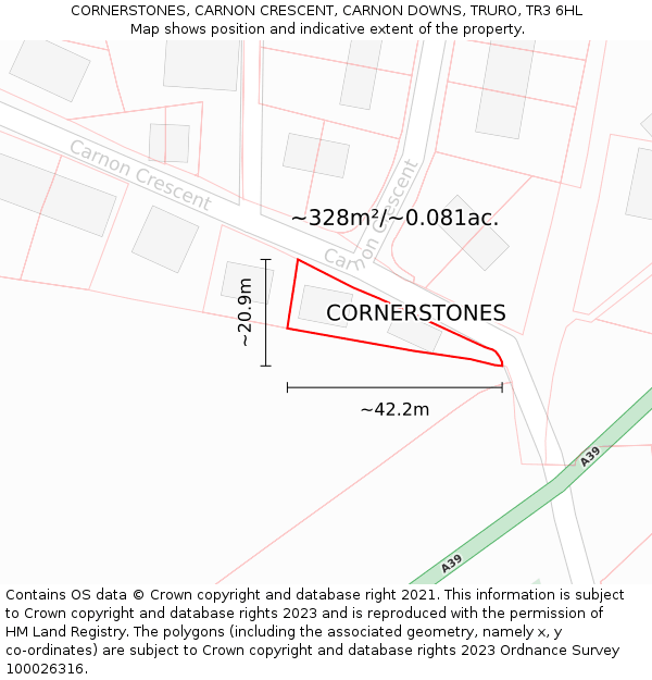 CORNERSTONES, CARNON CRESCENT, CARNON DOWNS, TRURO, TR3 6HL: Plot and title map