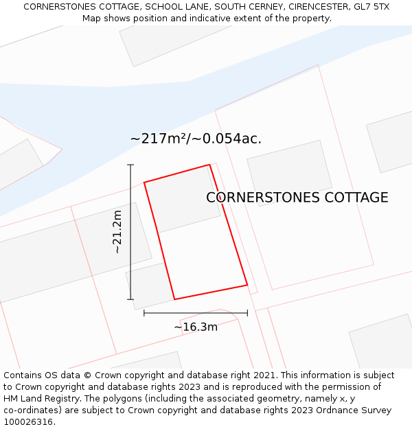 CORNERSTONES COTTAGE, SCHOOL LANE, SOUTH CERNEY, CIRENCESTER, GL7 5TX: Plot and title map