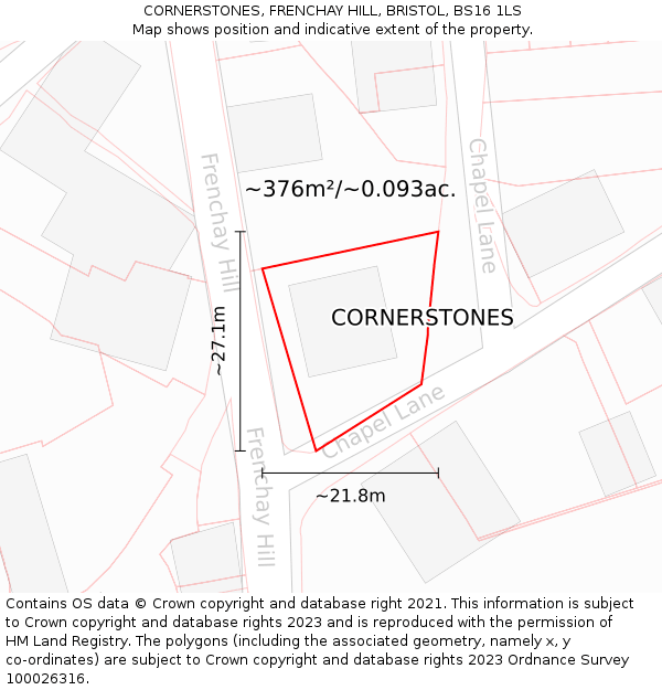 CORNERSTONES, FRENCHAY HILL, BRISTOL, BS16 1LS: Plot and title map