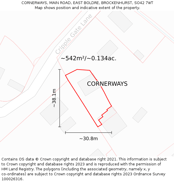 CORNERWAYS, MAIN ROAD, EAST BOLDRE, BROCKENHURST, SO42 7WT: Plot and title map