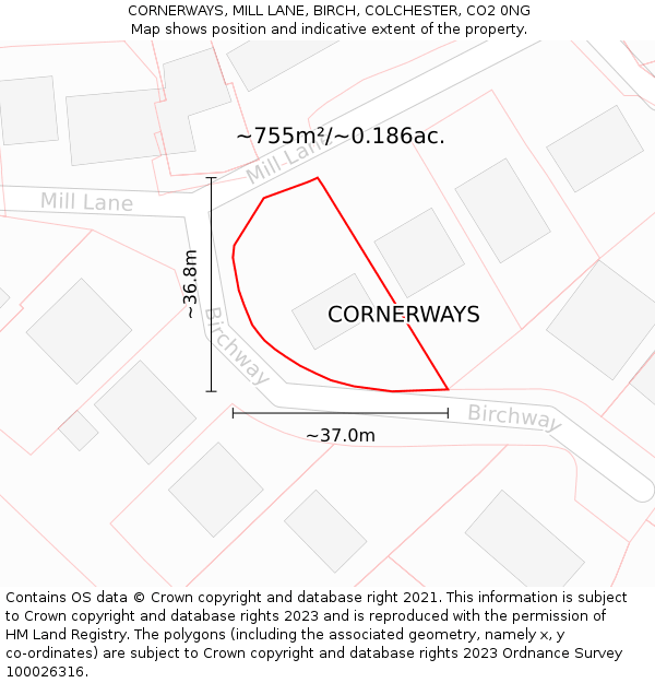 CORNERWAYS, MILL LANE, BIRCH, COLCHESTER, CO2 0NG: Plot and title map