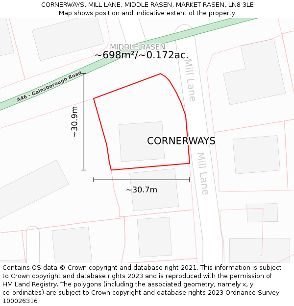 CORNERWAYS, MILL LANE, MIDDLE RASEN, MARKET RASEN, LN8 3LE: Plot and title map