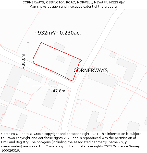 CORNERWAYS, OSSINGTON ROAD, NORWELL, NEWARK, NG23 6JW: Plot and title map