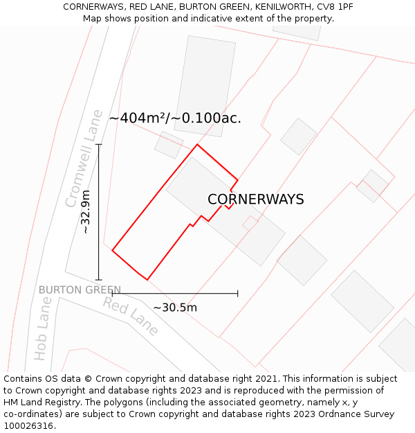 CORNERWAYS, RED LANE, BURTON GREEN, KENILWORTH, CV8 1PF: Plot and title map