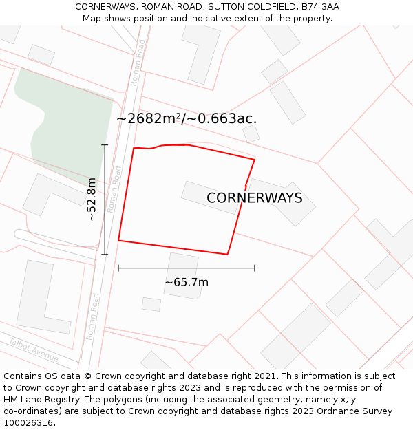 CORNERWAYS, ROMAN ROAD, SUTTON COLDFIELD, B74 3AA: Plot and title map