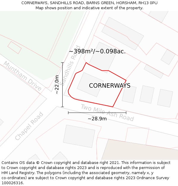 CORNERWAYS, SANDHILLS ROAD, BARNS GREEN, HORSHAM, RH13 0PU: Plot and title map