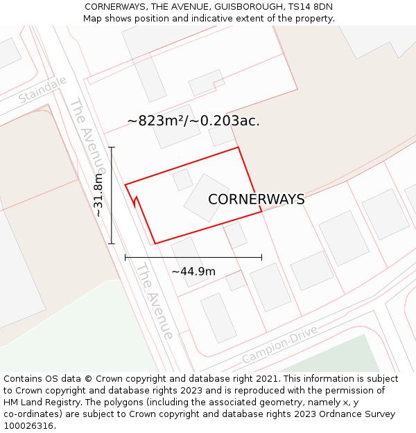 CORNERWAYS, THE AVENUE, GUISBOROUGH, TS14 8DN: Plot and title map