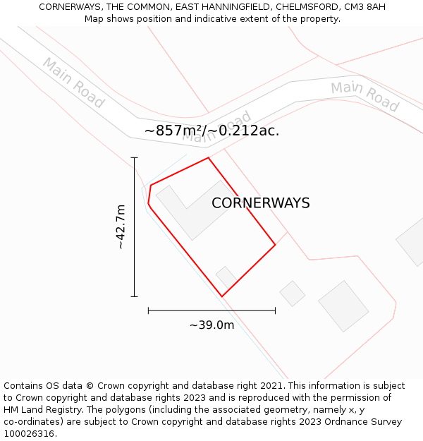 CORNERWAYS, THE COMMON, EAST HANNINGFIELD, CHELMSFORD, CM3 8AH: Plot and title map