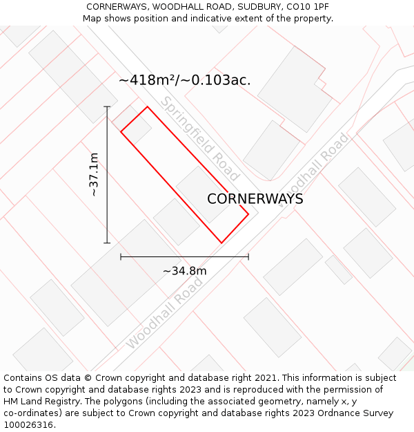 CORNERWAYS, WOODHALL ROAD, SUDBURY, CO10 1PF: Plot and title map