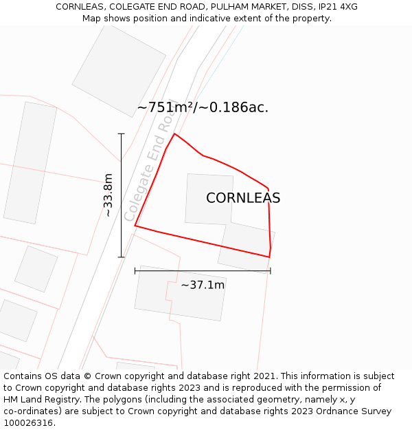 CORNLEAS, COLEGATE END ROAD, PULHAM MARKET, DISS, IP21 4XG: Plot and title map