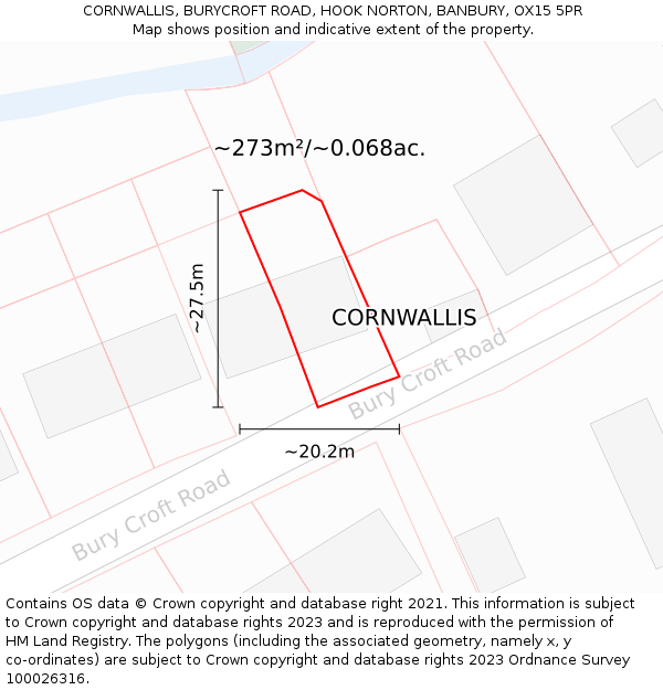 CORNWALLIS, BURYCROFT ROAD, HOOK NORTON, BANBURY, OX15 5PR: Plot and title map