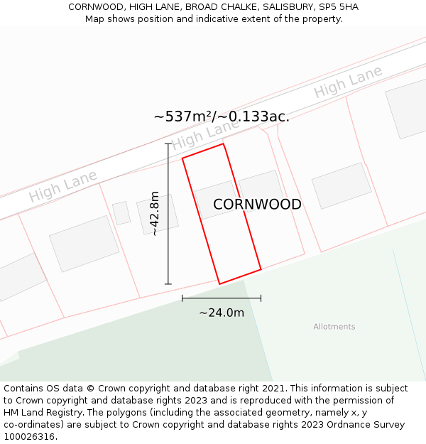 CORNWOOD, HIGH LANE, BROAD CHALKE, SALISBURY, SP5 5HA: Plot and title map