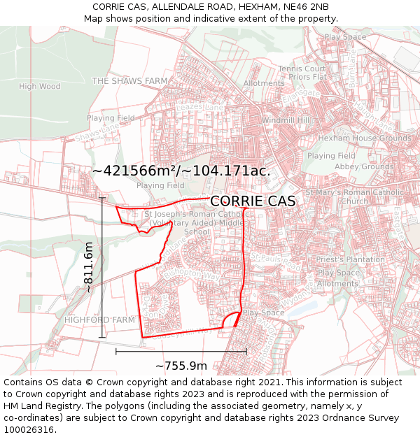 CORRIE CAS, ALLENDALE ROAD, HEXHAM, NE46 2NB: Plot and title map
