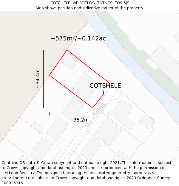 COTEHELE, WEIRFIELDS, TOTNES, TQ9 5JS: Plot and title map