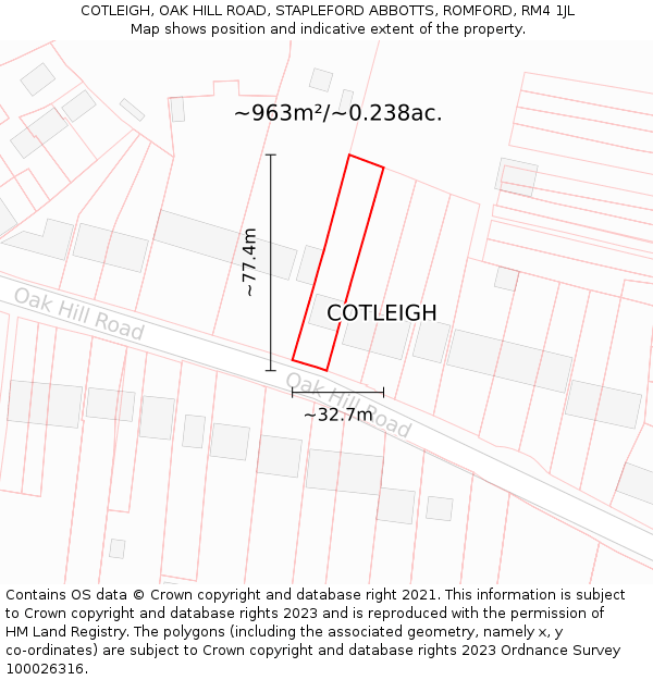 COTLEIGH, OAK HILL ROAD, STAPLEFORD ABBOTTS, ROMFORD, RM4 1JL: Plot and title map