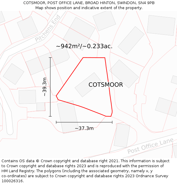 COTSMOOR, POST OFFICE LANE, BROAD HINTON, SWINDON, SN4 9PB: Plot and title map