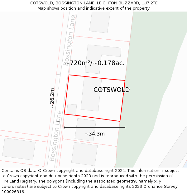 COTSWOLD, BOSSINGTON LANE, LEIGHTON BUZZARD, LU7 2TE: Plot and title map