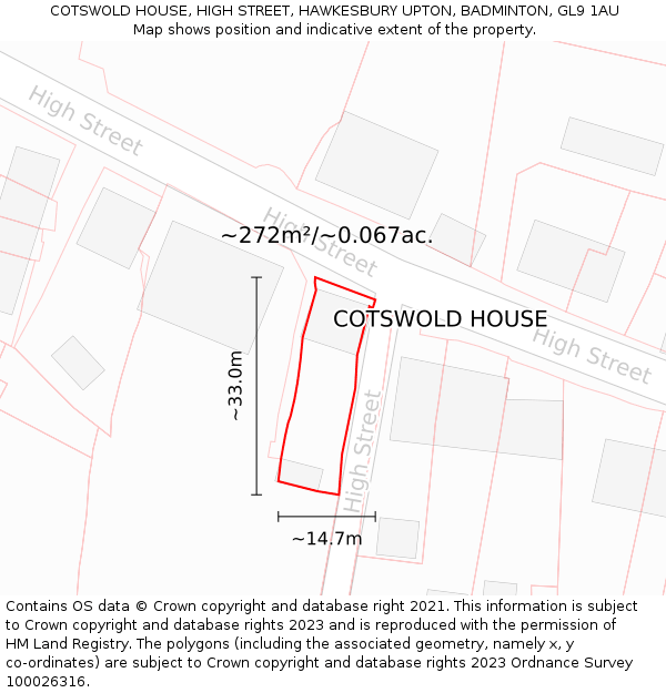COTSWOLD HOUSE, HIGH STREET, HAWKESBURY UPTON, BADMINTON, GL9 1AU: Plot and title map
