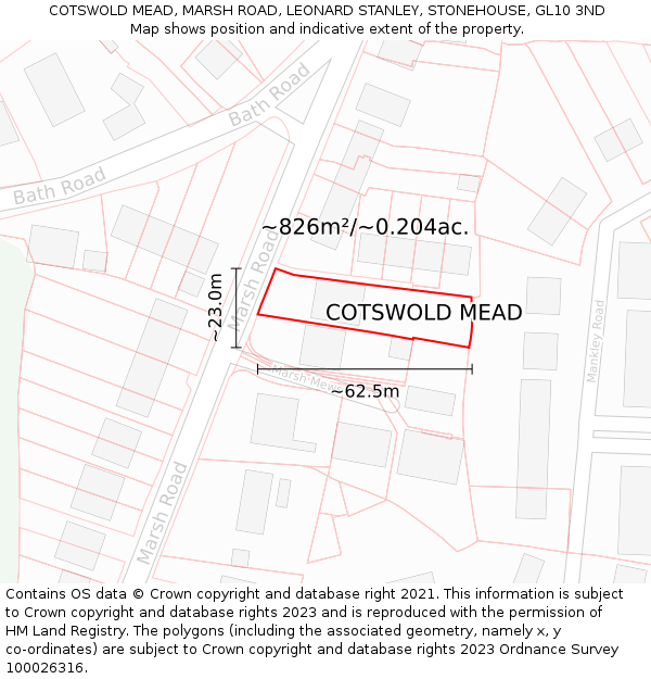 COTSWOLD MEAD, MARSH ROAD, LEONARD STANLEY, STONEHOUSE, GL10 3ND: Plot and title map