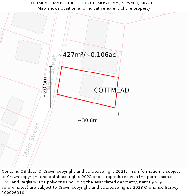 COTTMEAD, MAIN STREET, SOUTH MUSKHAM, NEWARK, NG23 6EE: Plot and title map