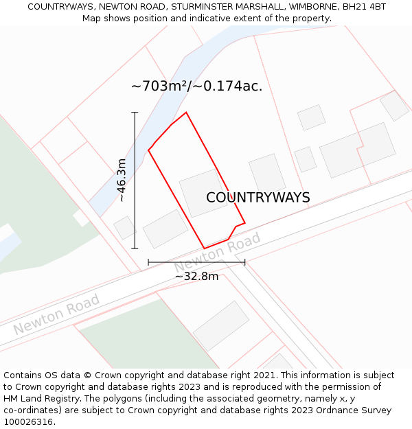 COUNTRYWAYS, NEWTON ROAD, STURMINSTER MARSHALL, WIMBORNE, BH21 4BT: Plot and title map